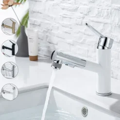 Bathroom Sink Mixer Faucet Pull Out Sprayer 2 Mode Spout with Stop Button, Single Handle Washroom Basin Taps Mono with Cold and Hot Hose Chrome Black Golden