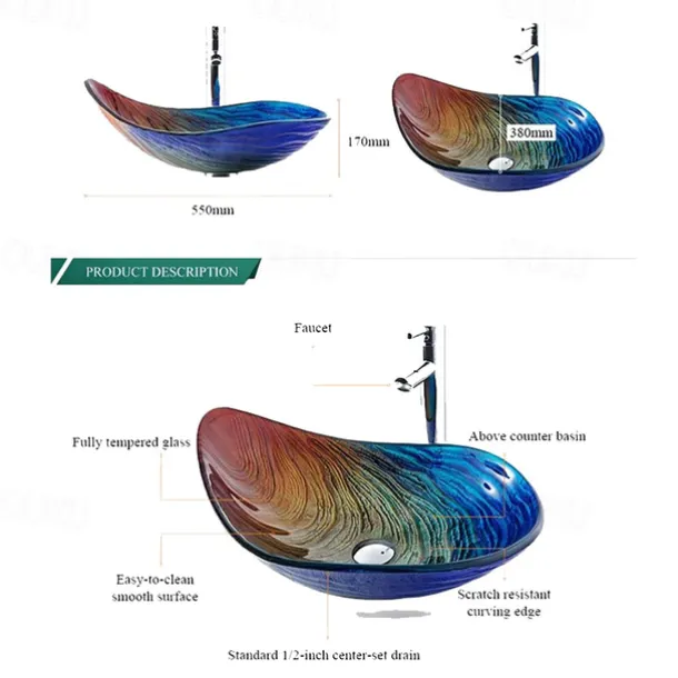 Bathroom Vessel Sink Rectangular 21"x15", Sink Mixer Faucet and Drain Combo with Pop-up Drain, Boat Shape Color Tempered Glass Artistic Vanity Sink Bowl, Above Counter Washroom Sink Art Wash Basin