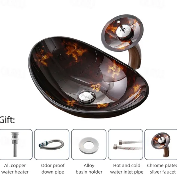 Bathroom Vessel Sink with Faucet Mounting Ring and Pop Up Drain Round Bowl BasinBrown