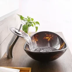 Bathroom Vessel Sink with Faucet Mounting Ring and Pop Up Drain Round Bowl BasinBrown