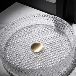 Bathroom Vessel Sink with Black Faucet, Modern Clear Tempered Glass Basin with Pop-Up Drain, Artistic Round Basin Bowl Set, Above Counter Vanity Sink