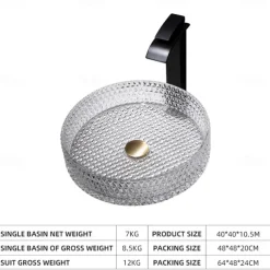 Bathroom Vessel Sink with Black Faucet, Modern Clear Tempered Glass Basin with Pop-Up Drain, Artistic Round Basin Bowl Set, Above Counter Vanity Sink