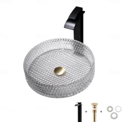 Bathroom Vessel Sink with Black Faucet, Modern Clear Tempered Glass Basin with Pop-Up Drain, Artistic Round Basin Bowl Set, Above Counter Vanity Sink