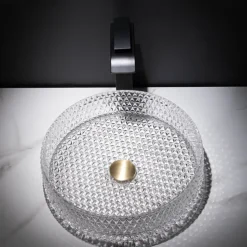 Bathroom Vessel Sink with Black Faucet, Modern Clear Tempered Glass Basin with Pop-Up Drain, Artistic Round Basin Bowl Set, Above Counter Vanity Sink