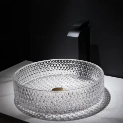 Bathroom Vessel Sink with Black Faucet, Modern Clear Tempered Glass Basin with Pop-Up Drain, Artistic Round Basin Bowl Set, Above Counter Vanity Sink