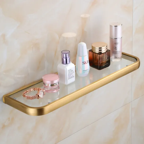 Bathroom Wall Mounted Single Layer Rectangle Glass Shelf Antique Brass Finish Bathroom Storage Bathroom Accessories Holder