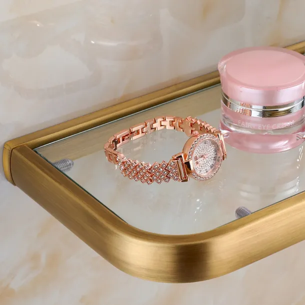 Bathroom Wall Mounted Single Layer Rectangle Glass Shelf Antique Brass Finish Bathroom Storage Bathroom Accessories Holder