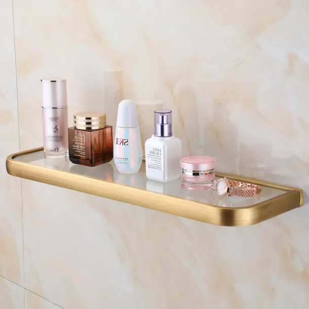 Bathroom Wall Mounted Single Layer Rectangle Glass Shelf Antique Brass Finish Bathroom Storage Bathroom Accessories Holder