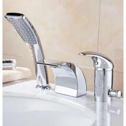 Bathtub Faucet - Contemporary Chrome Free Standing Ceramic Valve Bath Shower Mixer Taps / Two Handles Three Holes