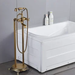 Bathtub Faucet Floor Mounted, Brass Retro Style Telephone Shape Brass Electroplated Finish Two Handles Two Holes Shower Faucet with Handshower and Drain