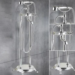 Bathtub Faucet Floor Mounted, Brass Retro Style Telephone Shape Brass Electroplated Finish Two Handles Two Holes Shower Faucet with Handshower and Drain