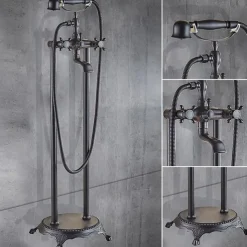 Bathtub Faucet Floor Mounted, Brass Retro Style Telephone Shape Brass Electroplated Finish Two Handles Two Holes Shower Faucet with Handshower and Drain