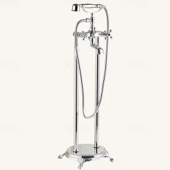 Bathtub Faucet Floor Mounted, Brass Retro Style Telephone Shape Brass Electroplated Finish Two Handles Two Holes Shower Faucet with Handshower and Drain