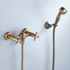 Bathtub Faucet with Handheld Shower,Wall Mounted Antique Brass Bath Tap Retro Style Hot and Cold Water Bath Tap Shower Fitting for Bathroom Shower