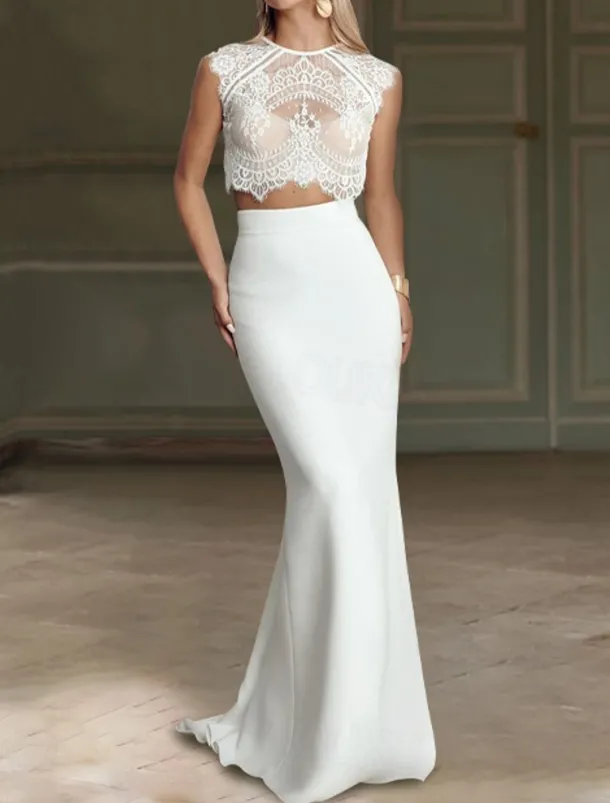 Beach Boho Wedding Dresses Mermaid Illusion Neck Cap Sleeve Sweep / Brush Train Chiffon Bridal Suits Bridal Gowns With Appliques