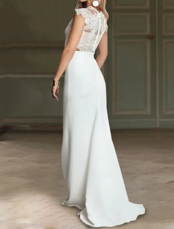 Beach Boho Wedding Dresses Mermaid Illusion Neck Cap Sleeve Sweep / Brush Train Chiffon Bridal Suits Bridal Gowns With Appliques