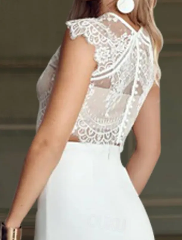 Beach Boho Wedding Dresses Mermaid Illusion Neck Cap Sleeve Sweep / Brush Train Chiffon Bridal Suits Bridal Gowns With Appliques