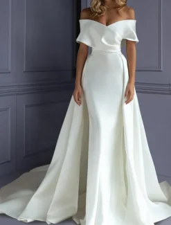 Beach Formal Wedding Dresses Mermaid Sweetheart Off Shoulder Sleeveless Sweep / Brush Train Satin Bridal Gowns With Solid Color