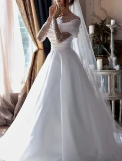 Beach Simple Wedding Dresses Formal Wedding Dresses A-Line Illusion Neck Long Sleeve Floor Length Tulle Bridal Gowns With Ruched Beading