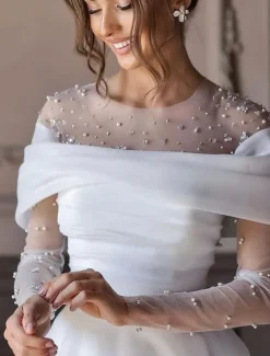 Beach Simple Wedding Dresses Formal Wedding Dresses A-Line Illusion Neck Long Sleeve Floor Length Tulle Bridal Gowns With Ruched Beading