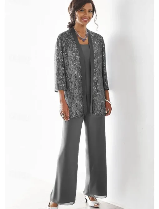 Beach Wedding 3 Piece Mother of the Bride Wedding Guest Party Sparkle & Shine Scoop Neck Ankle Length Chiffon Lace 3/4 Length Sleeve with Sequin Solid Color