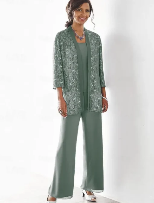 Beach Wedding 3 Piece Mother of the Bride Wedding Guest Party Sparkle & Shine Scoop Neck Ankle Length Chiffon Lace 3/4 Length Sleeve with Sequin Solid Color