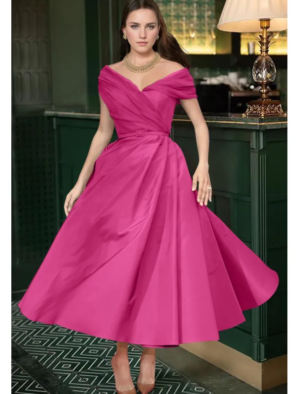 Beach Wedding A-Line Cocktail Dresses Elegant Dress Wedding Guest Summer Ankle Length Sleeveless Off Shoulder Fall Wedding Guest Satin with Ruched Dresses