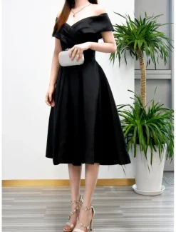 Beach Wedding A-Line Cocktail Dresses Elegant Dress Wedding Guest Homecoming Tea Length Short Sleeve V Neck Stretch Fabric V Back with Pleats Dresses