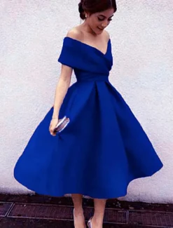 Beach Wedding A-Line Cocktail Dresses Elegant Dress Wedding Guest Homecoming Tea Length Short Sleeve V Neck Stretch Fabric V Back with Pleats Dresses
