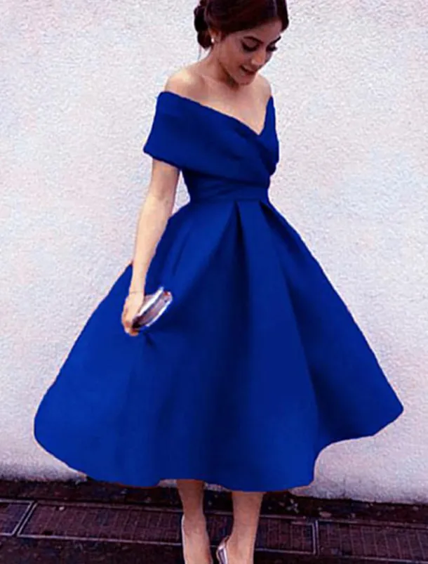 Beach Wedding A-Line Cocktail Dresses Elegant Dress Wedding Guest Homecoming Tea Length Short Sleeve V Neck Stretch Fabric V Back with Pleats Dresses