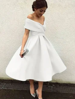 Beach Wedding A-Line Cocktail Dresses Elegant Dress Wedding Guest Homecoming Tea Length Short Sleeve V Neck Stretch Fabric V Back with Pleats Dresses