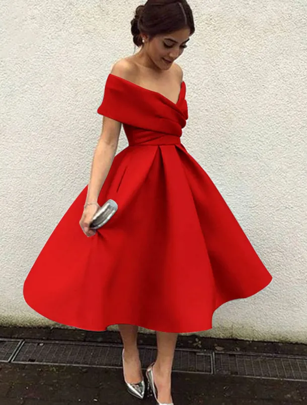 Beach Wedding A-Line Cocktail Dresses Elegant Dress Wedding Guest Homecoming Tea Length Short Sleeve V Neck Stretch Fabric V Back with Pleats Dresses