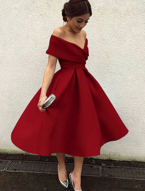 Beach Wedding A-Line Cocktail Dresses Elegant Dress Wedding Guest Homecoming Tea Length Short Sleeve V Neck Stretch Fabric V Back with Pleats Dresses