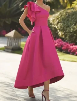 Beach Wedding A-Line Cocktail Dresses Elegant Dress Prom Birthday Asymmetrical Sleeveless One Shoulder Fall Wedding Guest Stretch Fabric with Ruffles Pure Color Dresses