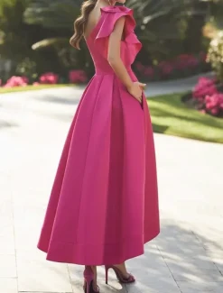 Beach Wedding A-Line Cocktail Dresses Elegant Dress Prom Birthday Asymmetrical Sleeveless One Shoulder Fall Wedding Guest Stretch Fabric with Ruffles Pure Color Dresses