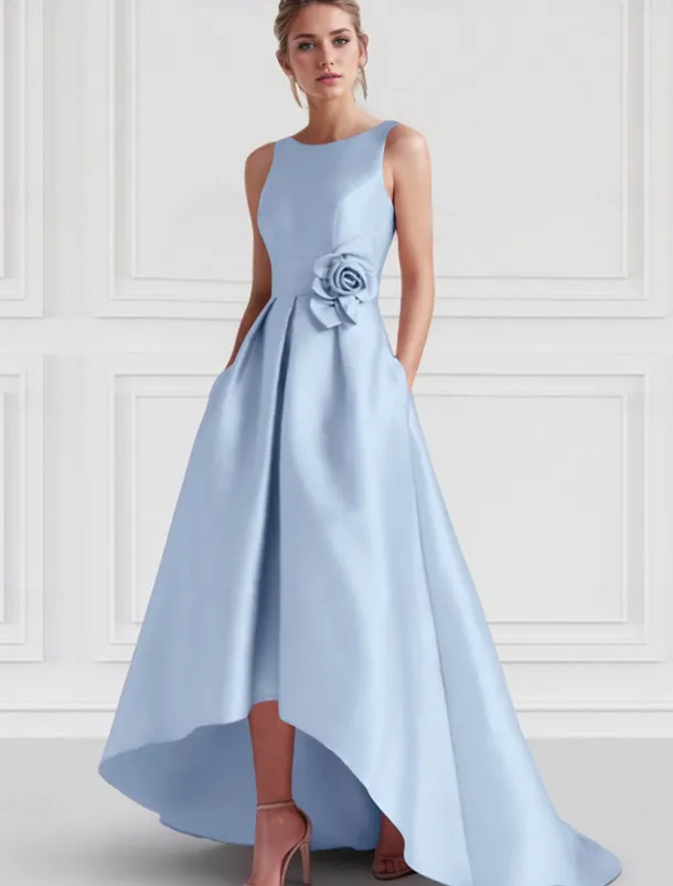 Beach Wedding A-Line Cocktail Dresses Elegant Dress Formal Wedding Guest Floor Length Sleeveless Boat NeckDress Satin with Pocket Dresses