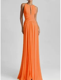 Beach Wedding A-Line Evening Gown Elegant Dress Formal Wedding Guest Floor Length Sleeveless Jewel Neck Chiffon with Rhinestone Glitter Pleats