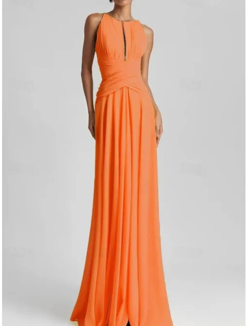 Beach Wedding A-Line Evening Gown Elegant Dress Formal Wedding Guest Floor Length Sleeveless Jewel Neck Chiffon with Rhinestone Glitter Pleats