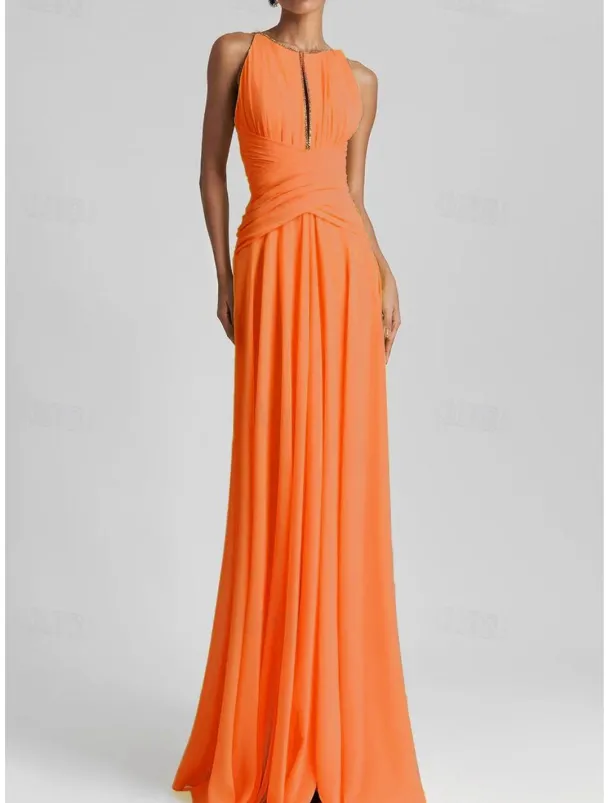 Beach Wedding A-Line Evening Gown Elegant Dress Formal Wedding Guest Floor Length Sleeveless Jewel Neck Chiffon with Rhinestone Glitter Pleats