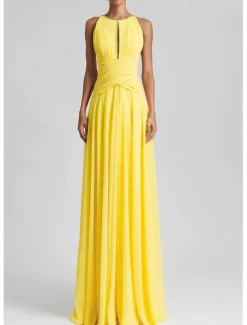 Beach Wedding A-Line Evening Gown Elegant Dress Formal Wedding Guest Floor Length Sleeveless Jewel Neck Chiffon with Rhinestone Glitter Pleats