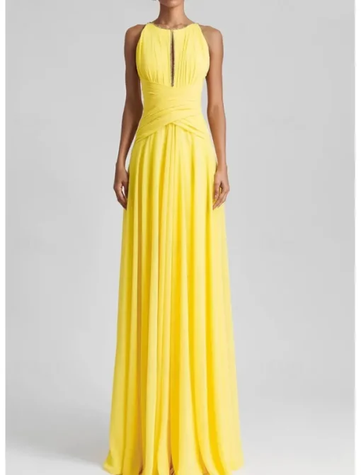 Beach Wedding A-Line Evening Gown Elegant Dress Formal Wedding Guest Floor Length Sleeveless Jewel Neck Chiffon with Rhinestone Glitter Pleats