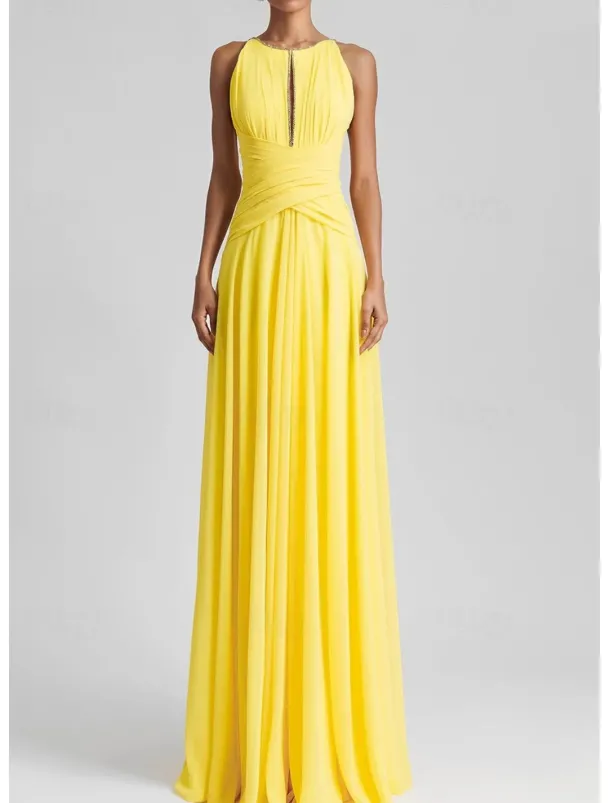 Beach Wedding A-Line Evening Gown Elegant Dress Formal Wedding Guest Floor Length Sleeveless Jewel Neck Chiffon with Rhinestone Glitter Pleats