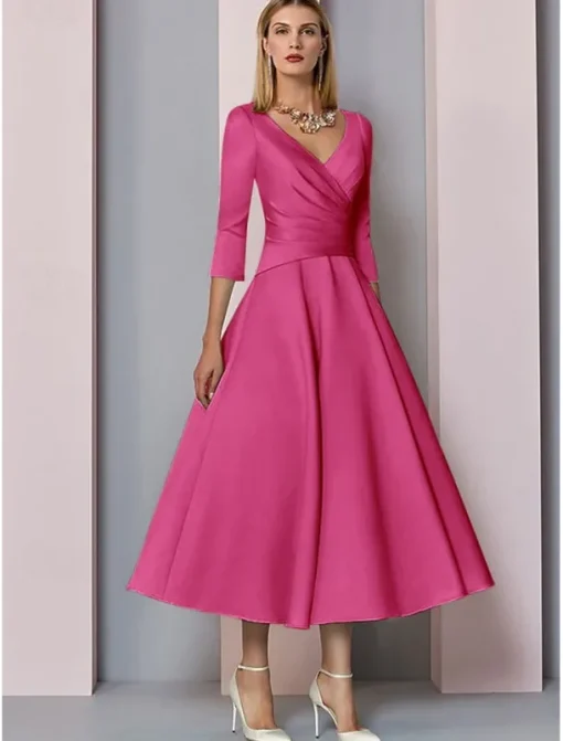 Beach Wedding A-Line Gold Dresses Mother of the Bride Dress Wedding Guest Elegant Vintage Plus Size V Neck Tea Length Satin 3/4 Length Sleeve with Pleats dress to impress free custom size