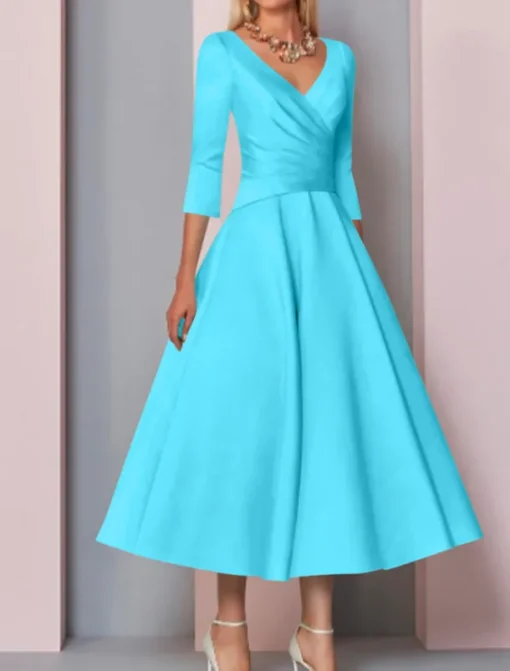 Beach Wedding A-Line Gold Dresses Mother of the Bride Dress Wedding Guest Elegant Vintage Plus Size V Neck Tea Length Satin 3/4 Length Sleeve with Pleats dress to impress free custom size