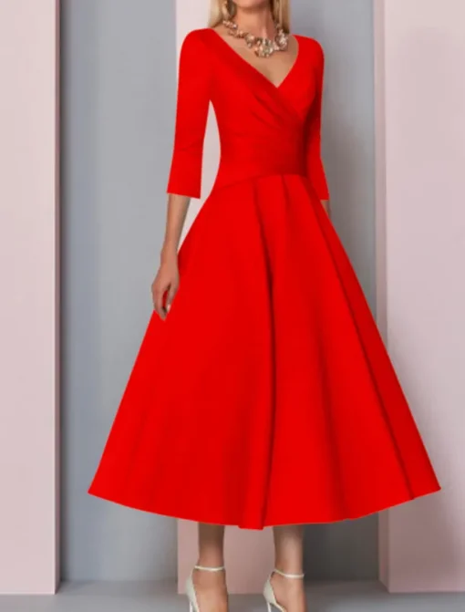 Beach Wedding A-Line Gold Dresses Mother of the Bride Dress Wedding Guest Elegant Vintage Plus Size V Neck Tea Length Satin 3/4 Length Sleeve with Pleats dress to impress free custom size