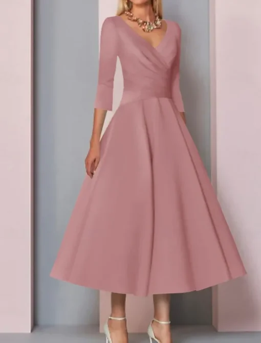 Beach Wedding A-Line Gold Dresses Mother of the Bride Dress Wedding Guest Elegant Vintage Plus Size V Neck Tea Length Satin 3/4 Length Sleeve with Pleats dress to impress free custom size
