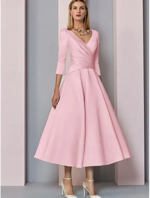 Beach Wedding A-Line Gold Dresses Mother of the Bride Dress Wedding Guest Elegant Vintage Plus Size V Neck Tea Length Satin 3/4 Length Sleeve with Pleats dress to impress free custom size