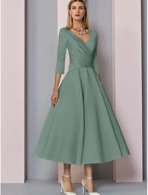 Beach Wedding A-Line Gold Dresses Mother of the Bride Dress Wedding Guest Elegant Vintage Plus Size V Neck Tea Length Satin 3/4 Length Sleeve with Pleats dress to impress free custom size