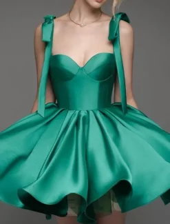 Beach Wedding A-Line Homecoming Dresses Corsets Dress Holiday Graduation Short / Mini Sleeveless Spaghetti StrapDress Satin with Bow(s)