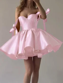 Beach Wedding A-Line Homecoming Dresses Corsets Dress Holiday Graduation Short / Mini Sleeveless Spaghetti StrapDress Satin with Bow(s)